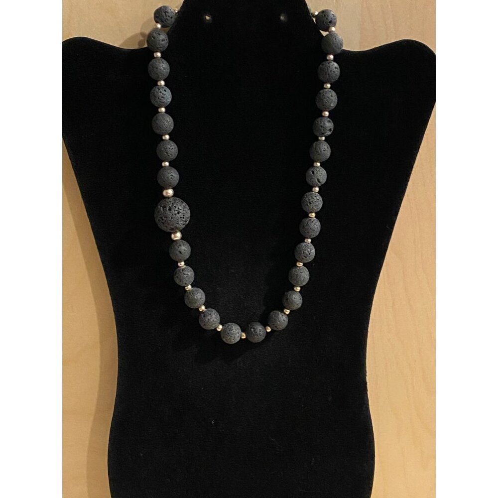 Handmade Lava Stone Necklace With Silver Beads - Unique Volcanic Jewelry - State